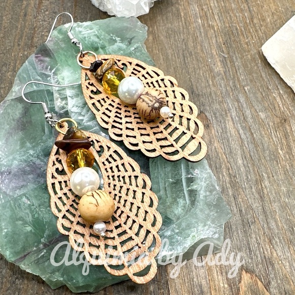 Maximalist Tiger eye dangle wooden extra long chunky earrings - Picture 1 of 1